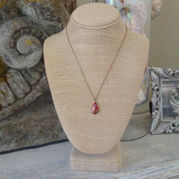 Vintage Floral Cloisonné Enamel Red Teardrop Pendant Necklace - Picture 2 of 7